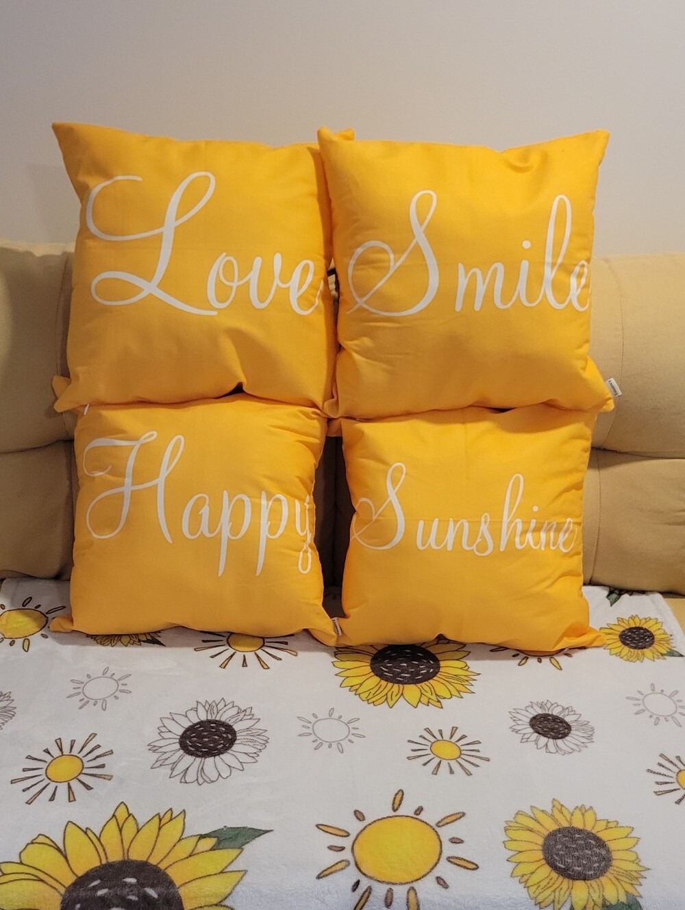 Set of 4 Yellow 16X16 Art Decor Pillows. Love, Smile, Happy & Sunshine!